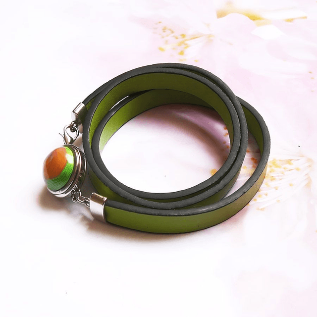Bracelet homme femme simili cuir vert spirale verte