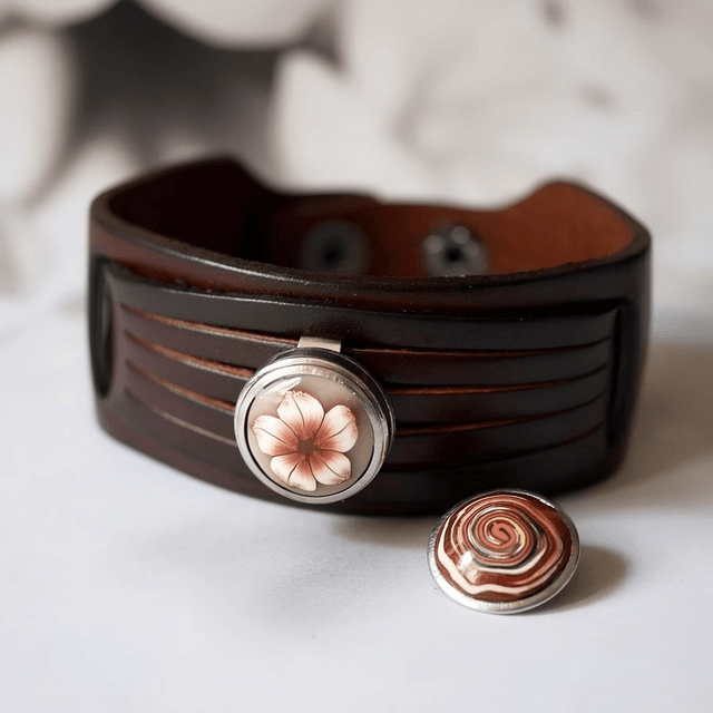 Bracelet large homme cuir marron fleur marron