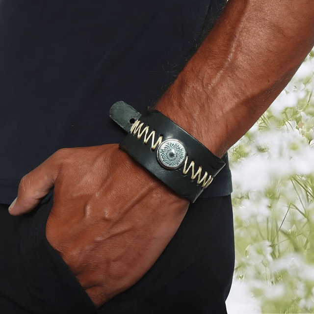 Bracelet large homme cuir vert dahlia vert