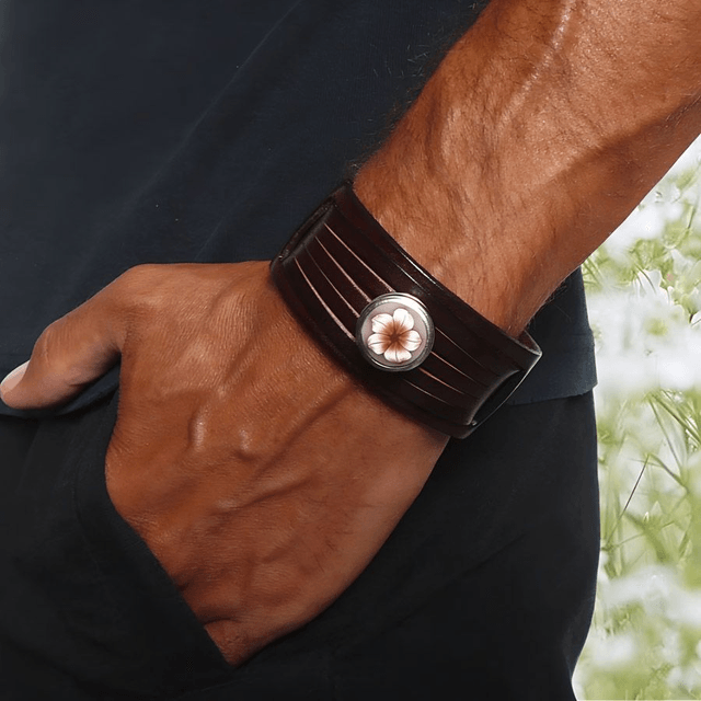 Bracelet large homme cuir marron fleur marron
