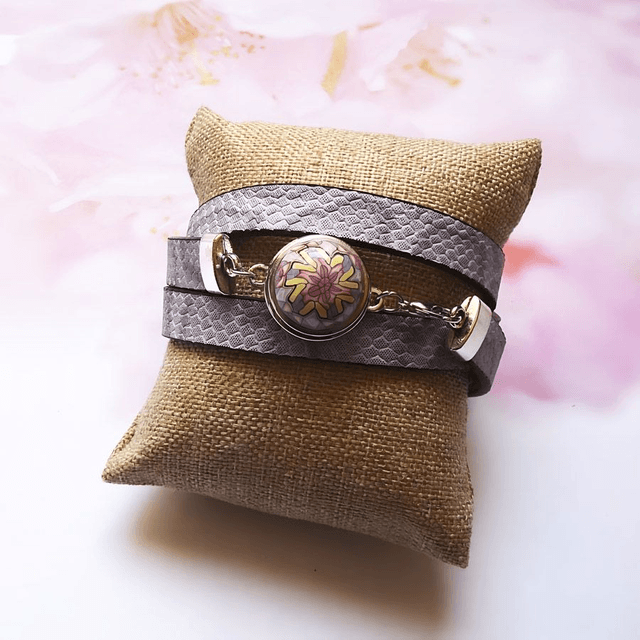 Bracelet homme femme simili cuir lézard mauve mandala