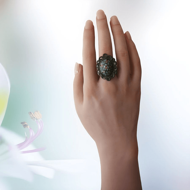 Bague rétro ovale mandala bleu noir