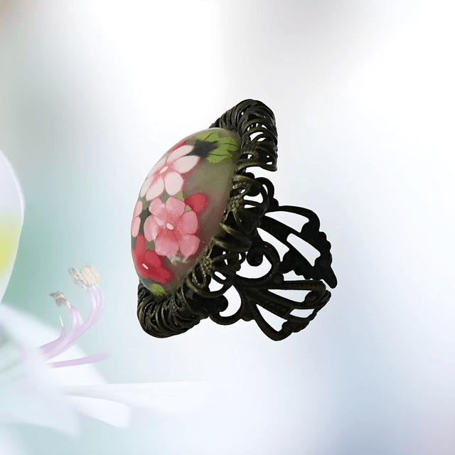 Bague ronde rétro fleurs roses