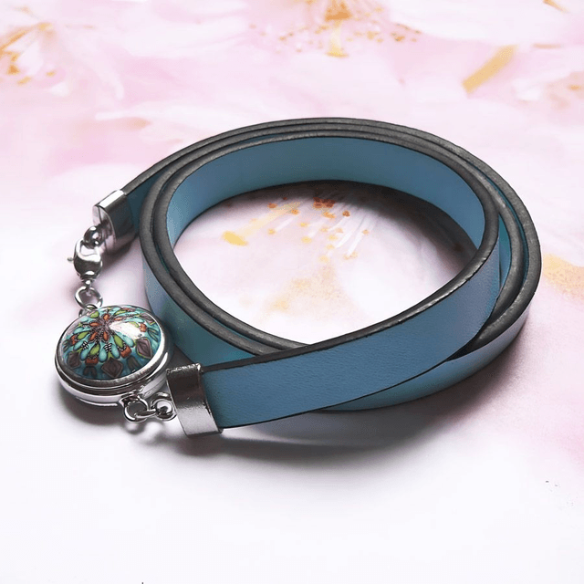 Bracelet homme femme simili cuir bleu clair mandala