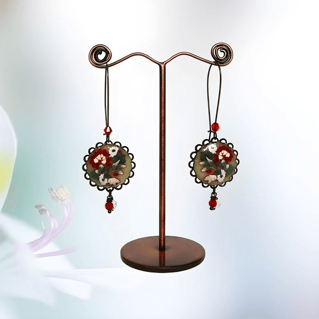 Boucles d'oreilles pendantes fleurs rouge blanc