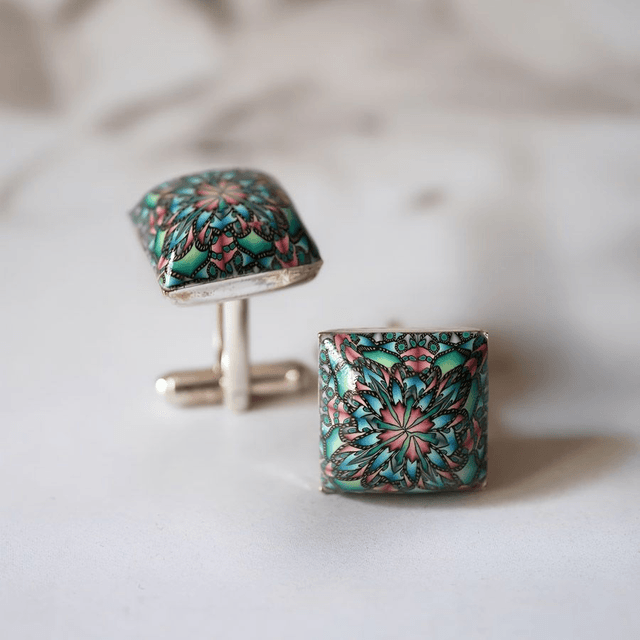 Boutons de manchette carrés mandala rose vert