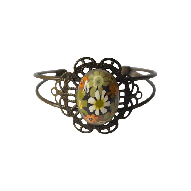 Bracelet jonc rétro fleurs marron vert