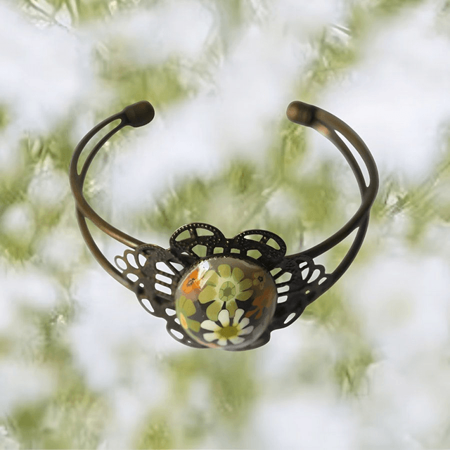 Bracelet jonc rétro fleurs marron vert