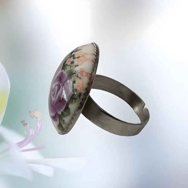 Bague ronde florale roses mauves