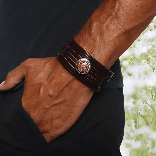 Bracelet large homme cuir marron fleur marron