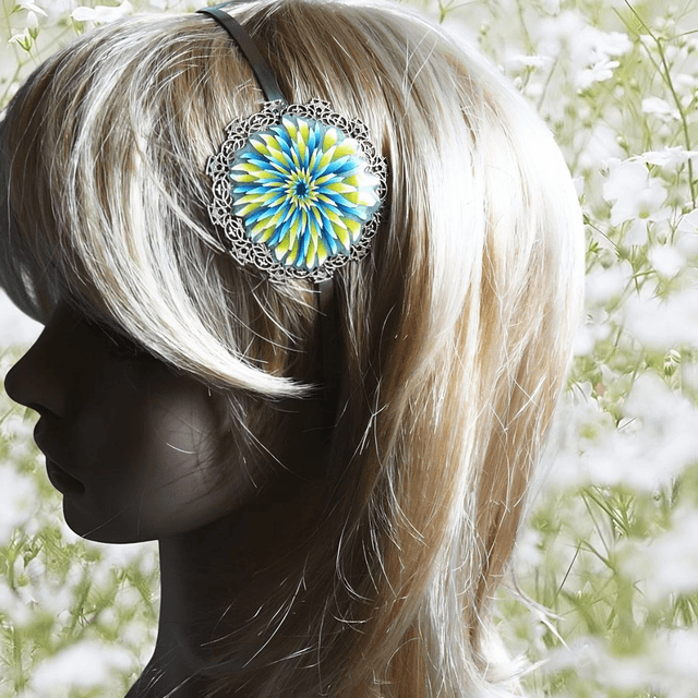 Serre-tête rétro dahlia bleu jaune