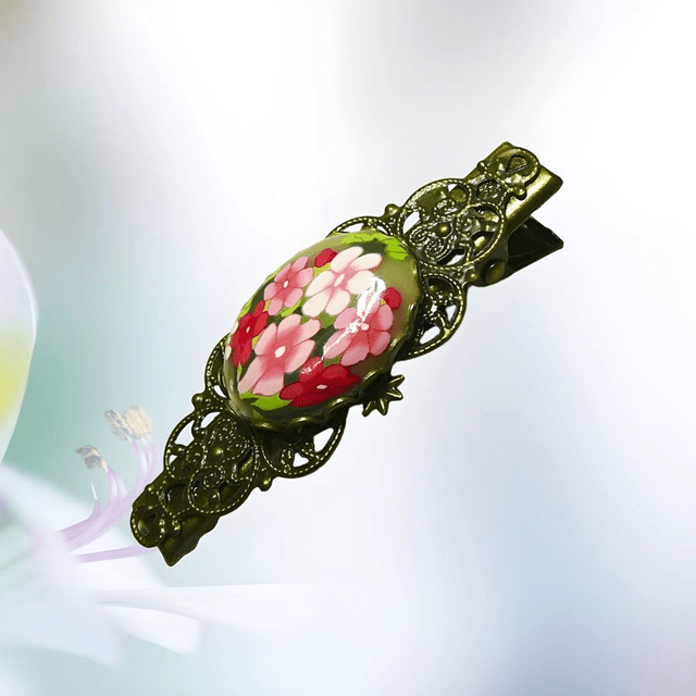 Pince croco estampe rétro fleurs roses
