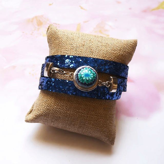 Bracelet homme femme simili cuir bleu pailleté