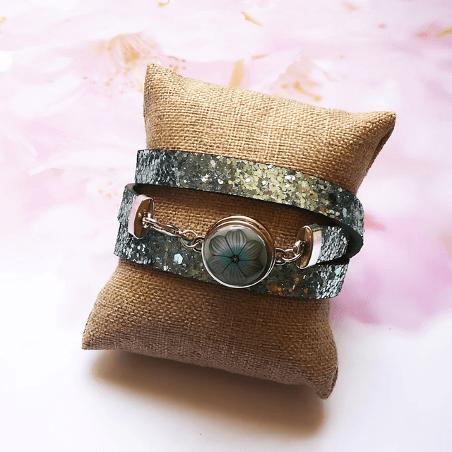 Bracelet homme femme simili cuir bleu gris pailleté
