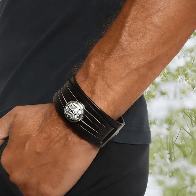 Bracelet large homme cuir noir fleur noire