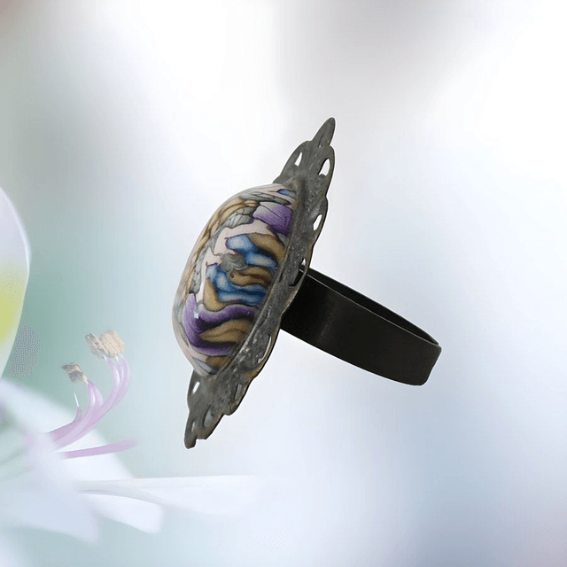 Bague rétro ovale mandala mauve jaune