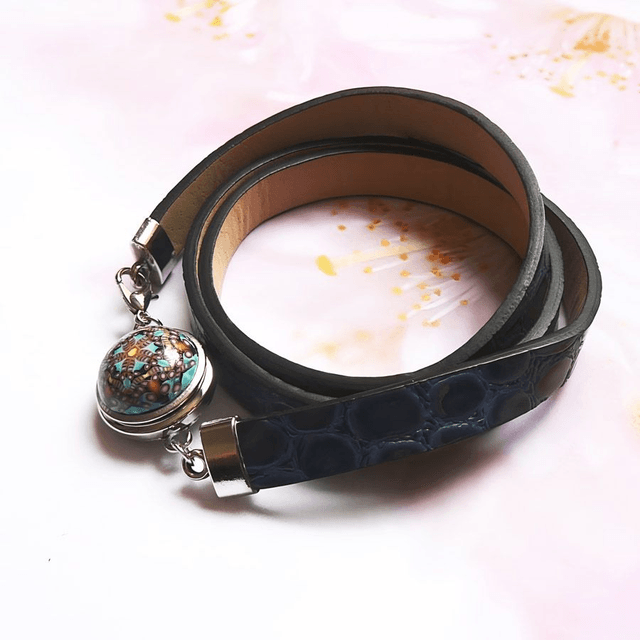 Bracelet homme femme simili cuir croco bleu mandala bleu noir