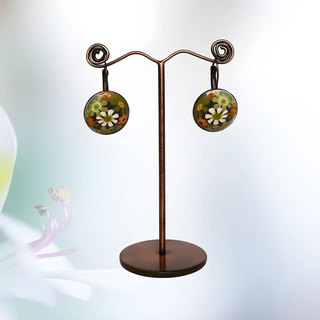 Boucles d'oreilles dormeuses fleurs marron vert