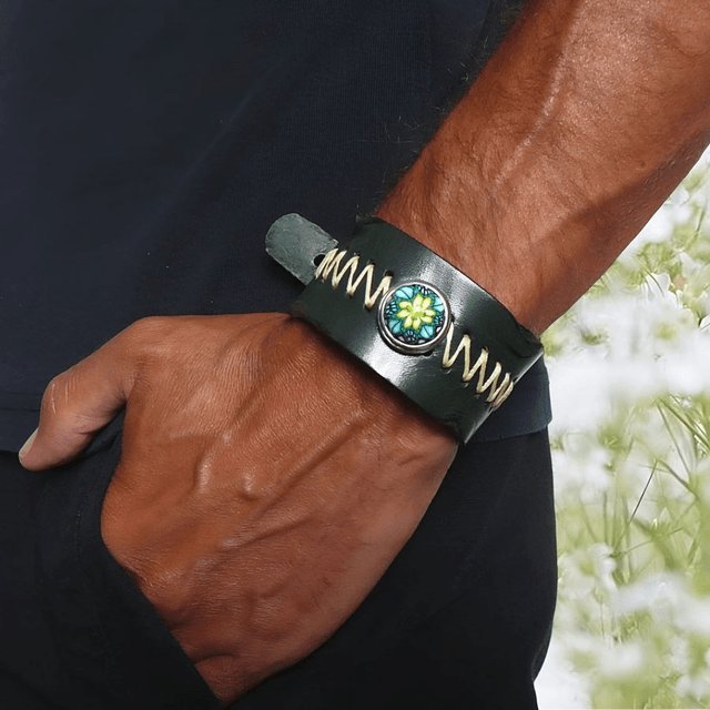 Bracelet large homme cuir vert dahlia vert