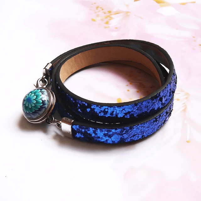 Bracelet homme femme simili cuir bleu pailleté