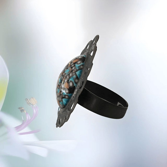 Bague rétro ovale mandala bleu noir