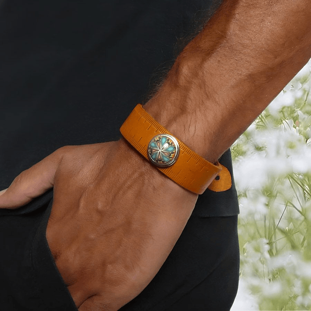 Bracelet homme cuir ocre mandala bleu jaune