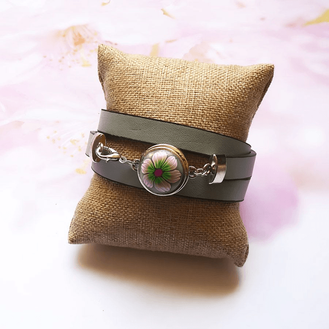 Bracelet homme femme simili cuir gris fleur rose