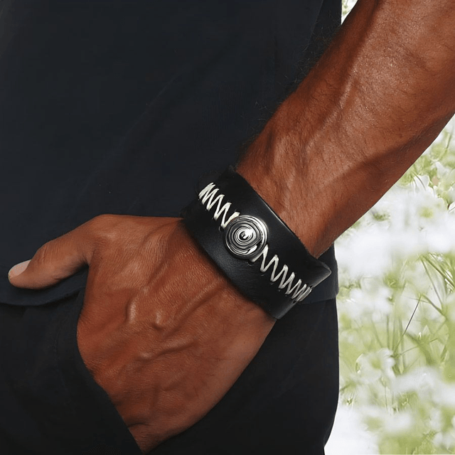Bracelet large homme cuir noir fleur