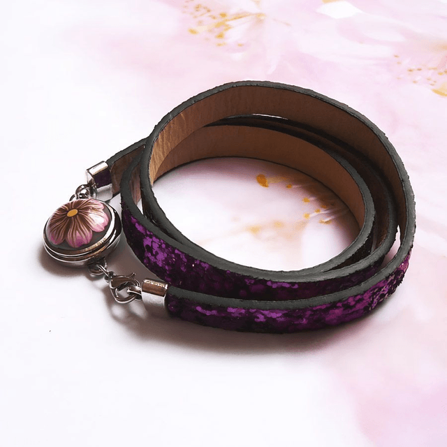 Bracelet homme femme simili cuir rose fuchsia pailleté