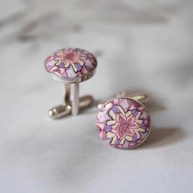 Boutons de manchette ronds mandala mauve jaune
