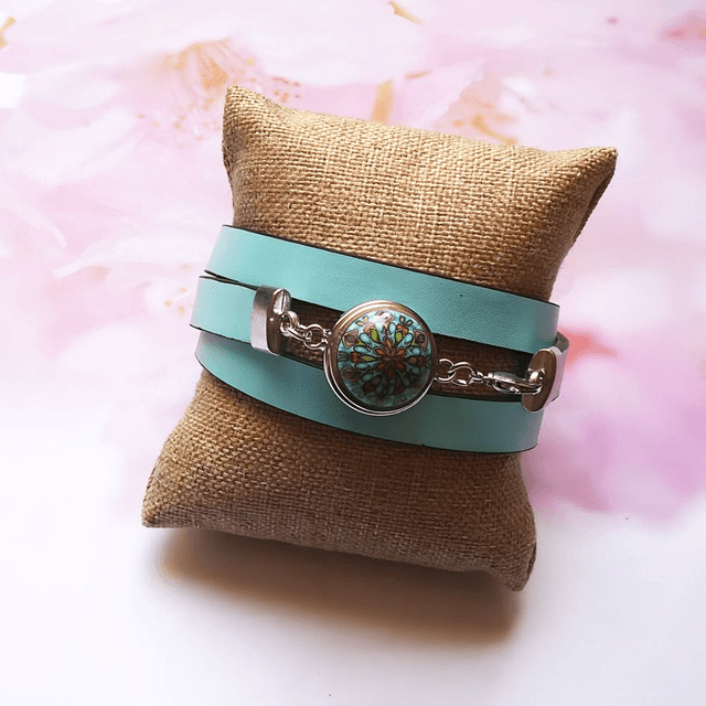 Bracelet homme femme simili cuir bleu clair mandala