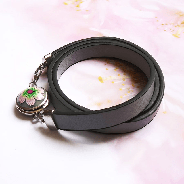 Bracelet homme femme simili cuir gris fleur rose