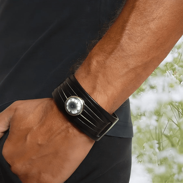 Bracelet large homme cuir noir fleur noire