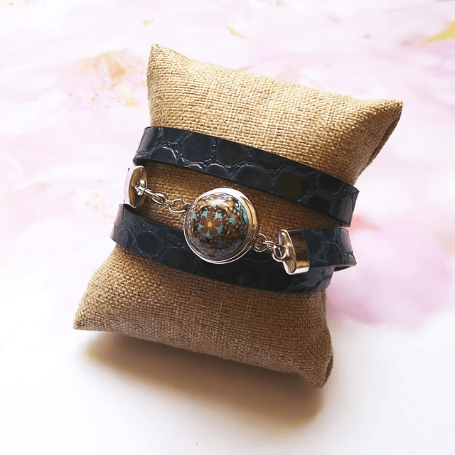 Bracelet homme femme simili cuir croco bleu mandala bleu noir