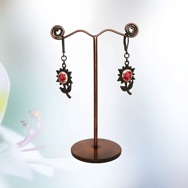 Boucles d'oreilles pendantes fleurs rose rouge