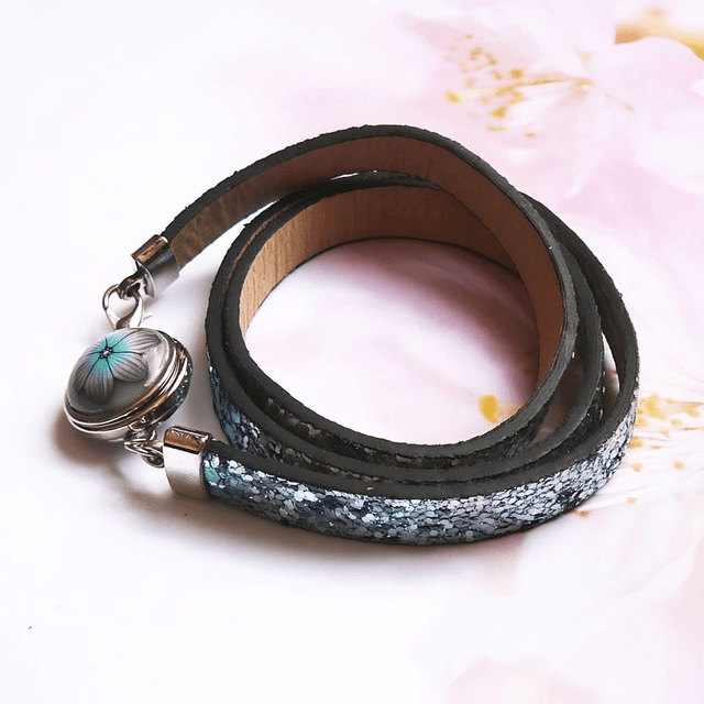 Bracelet homme femme simili cuir bleu gris pailleté
