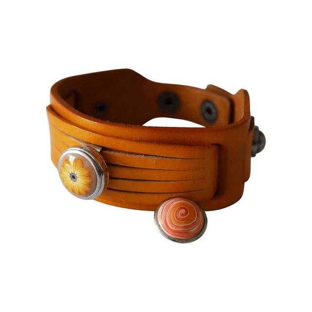 Bracelet large homme cuir ocre marguerite jaune