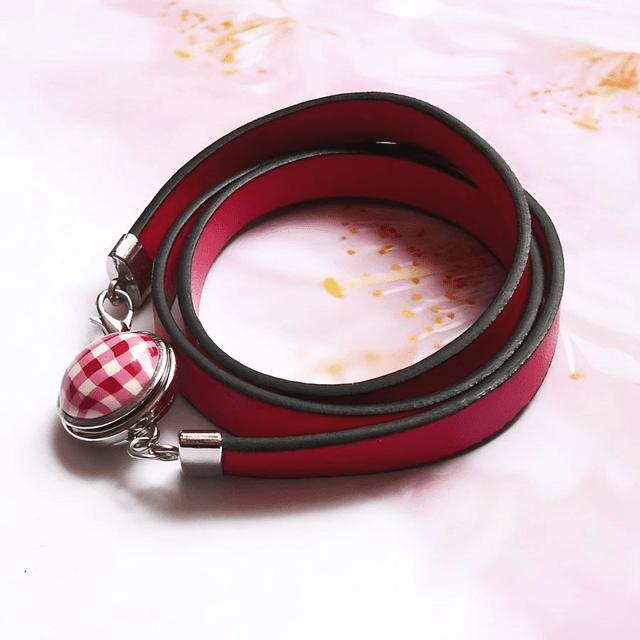 Bracelet homme femme simili cuir rouge vichy rouge
