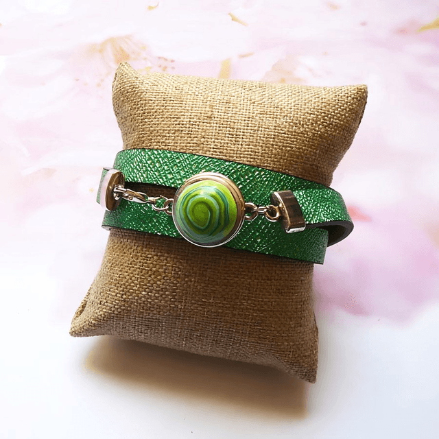 Bracelet homme femme simili cuir vert scintillant