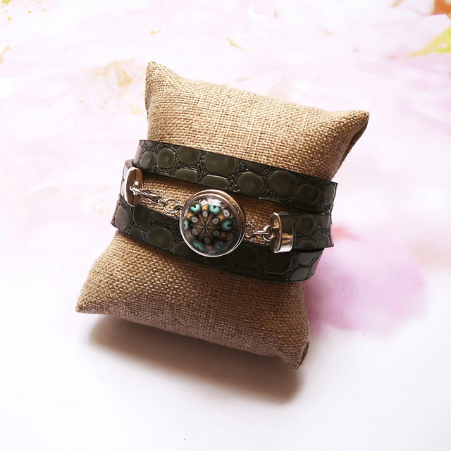 Bracelet homme femme simili cuir croco gris mandala bleu jaune