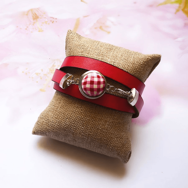 Bracelet homme femme simili cuir rouge vichy rouge