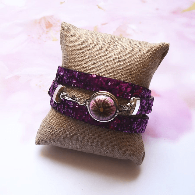 Bracelet homme femme simili cuir rose fuchsia pailleté