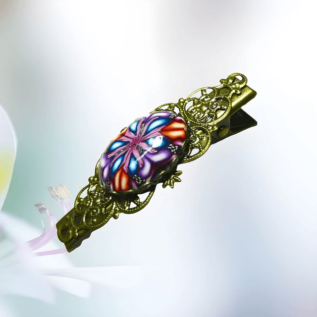 Pince croco estampe rétro mandala violet bleu