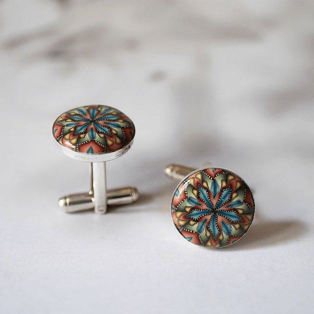 Boutons de manchette ronds mandala bleu vert