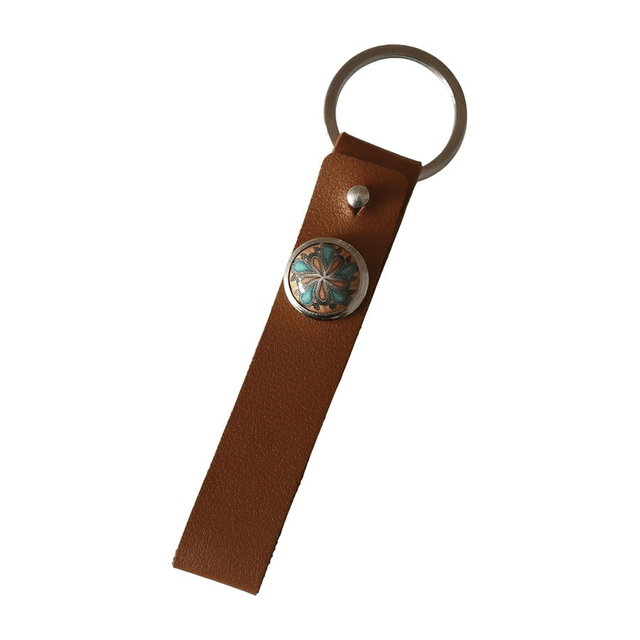 Porte-clés simili cuir long marron motif mandala bleu jaune