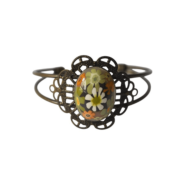Bracelet jonc rétro fleurs marron vert