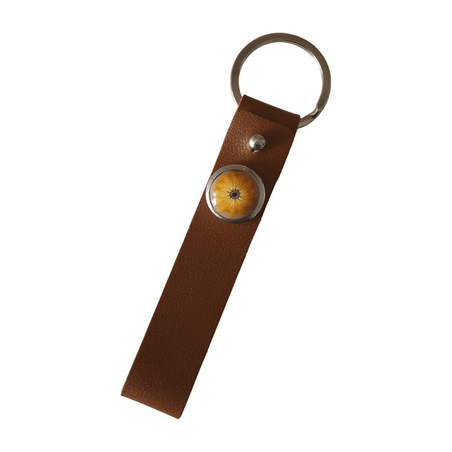 Porte-clés simili cuir long marron fleur jaune