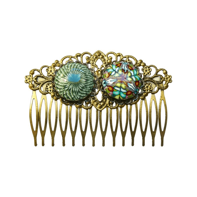Peigne rétro double cabochon vert