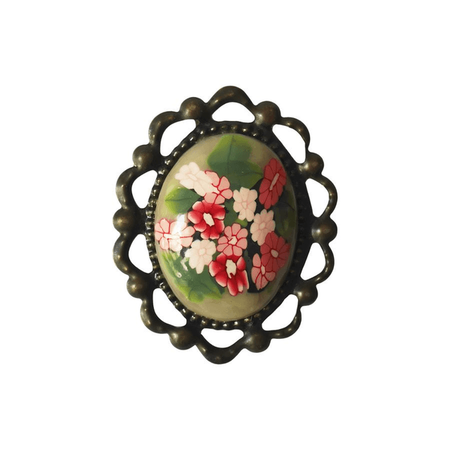 Broche rétro ovale fleurs rouges