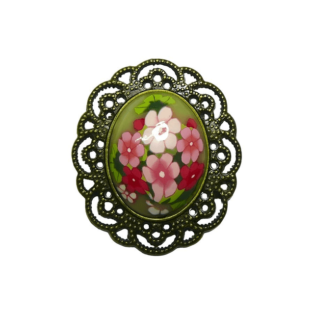 Broche rétro ovale fleurs roses